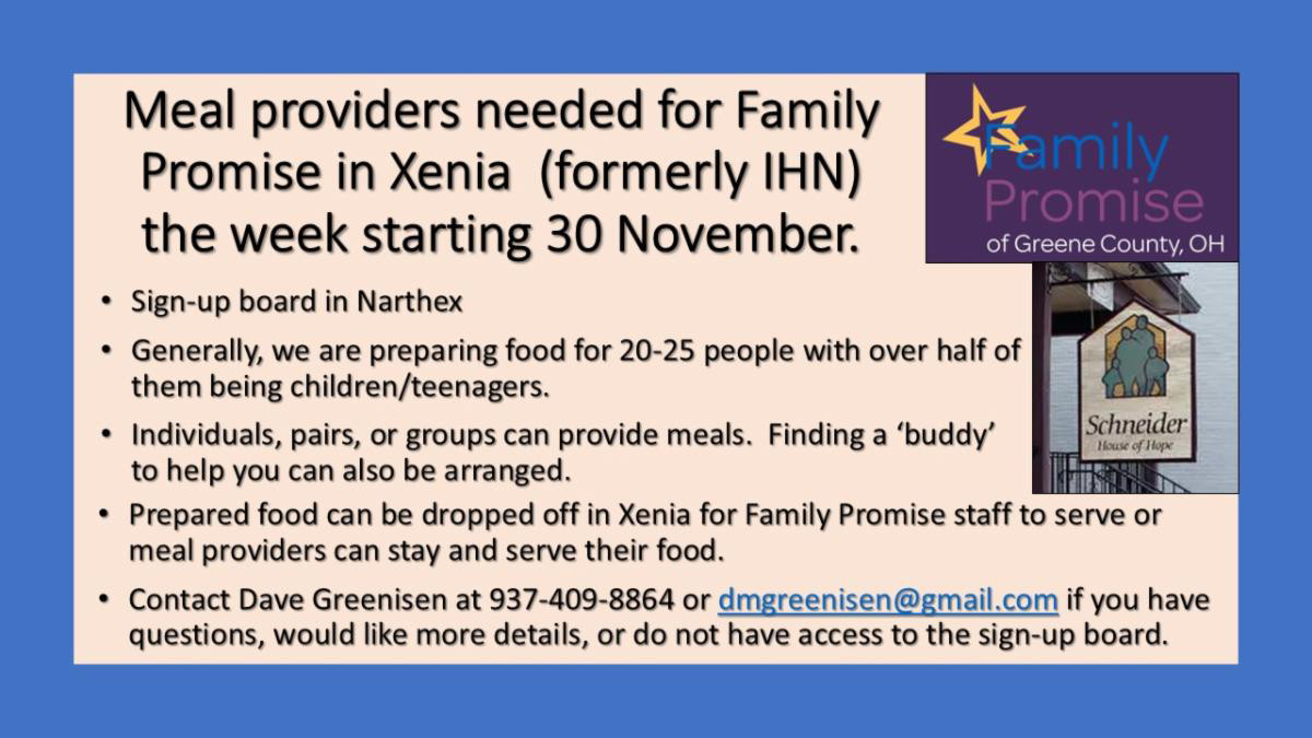 Meal Providers Need for Family Promise in Xenia the Week Starting November 30th
