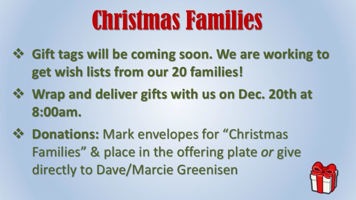 Christmas Families December 20th 8 AM