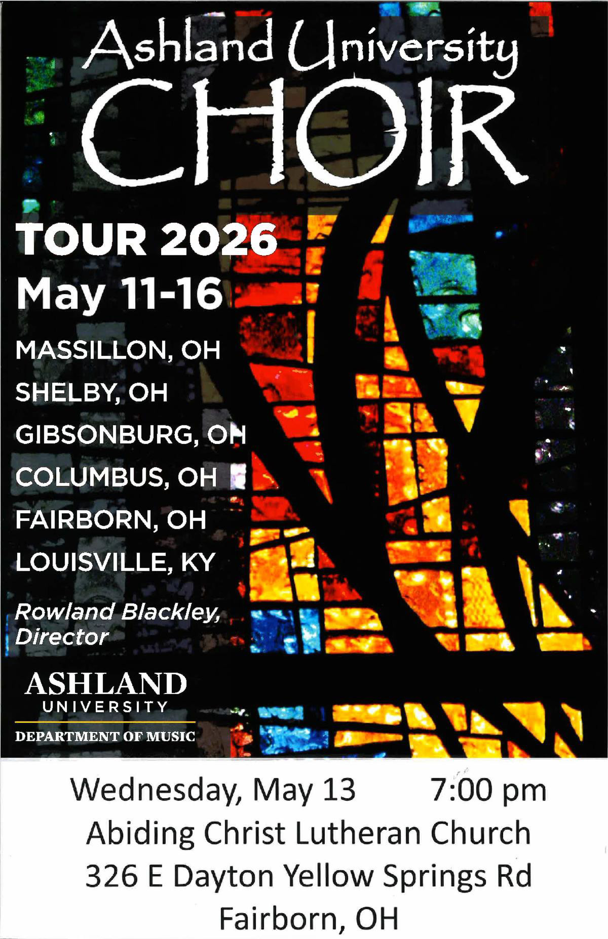 Ashland University Choir Tour 2026 Wednesday May 16 7 PM