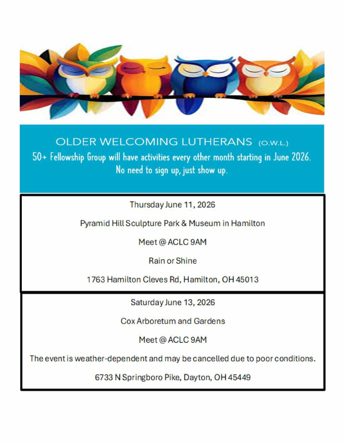 Older Welcoming Lutherans OWL 50+ Fellowship Group Every Other Month Starting in June 